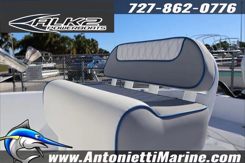 Slide: The Image of 2026 ALK2 Powerboats 22 CRS seat detail, featuring sleek design and blue accents. - 14