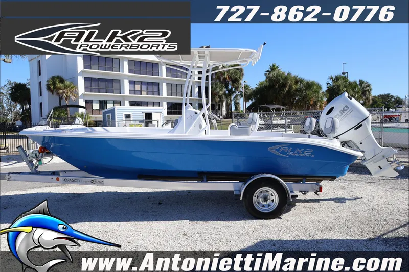 Slide: The Image of 2026 ALK2 Powerboats 22 CRS in blue on trailer, displayed at Antonietti Marine. - 4