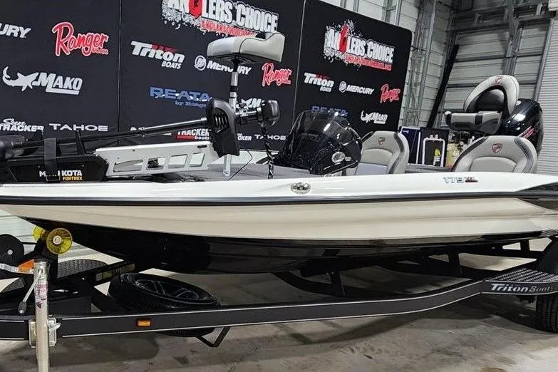 Slide: The Image of 2026 Triton 179 TrX boat displayed indoors with promotional banners in the background. - 7