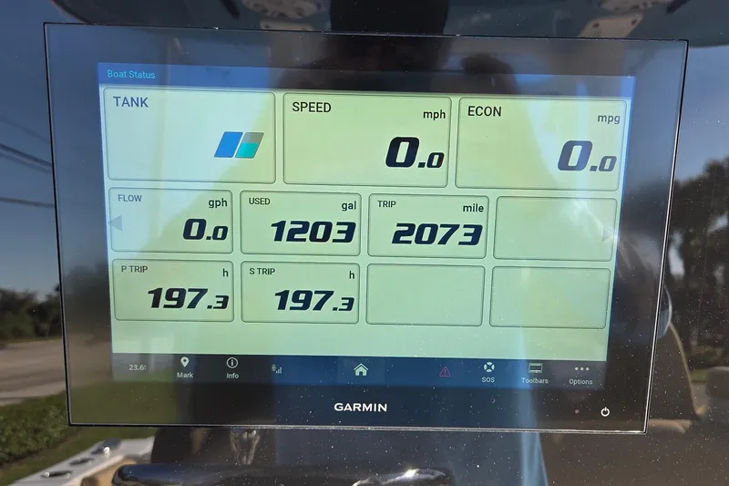 Slide: The Image of Garmin display on 2022 Sportsman Open 282TE Center Console showing boat status metrics. - 24