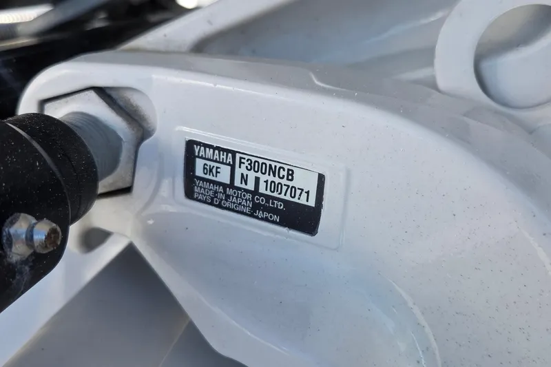 Slide: The Image of Yamaha F300NCB engine label on 2022 Sportsman Open 282TE Center Console boat. - 28