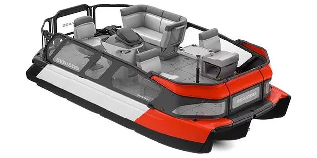 Slide: The Image of 2026 Sea-Doo Switch 16 pontoon boat, 170 HP, red and gray design, spacious seating. - 3