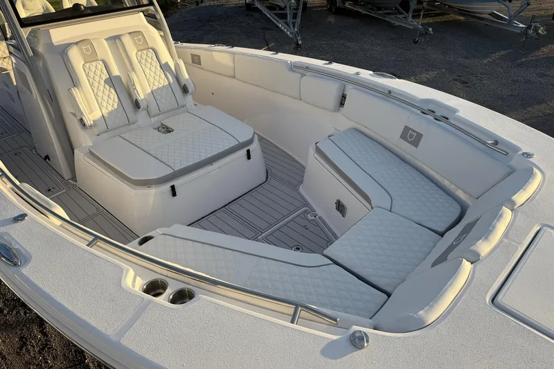 Slide: The Image of Luxurious seating area on 2026 Sea Fox 328 Commander boat with quilted upholstery. - 28