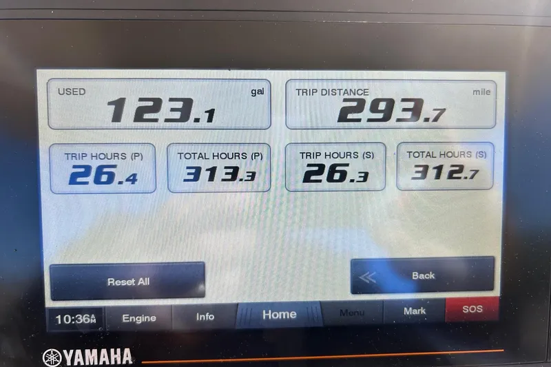 Slide: The Image of Dashboard display of a 2021 Grady-White Fisherman 257 showing fuel usage and trip data. - 10
