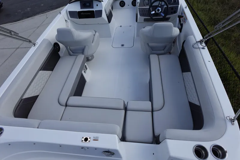 Slide: The Image of 2021 Hurricane Sundeck Sport 218 OB boat interior with spacious seating and modern design. - 67