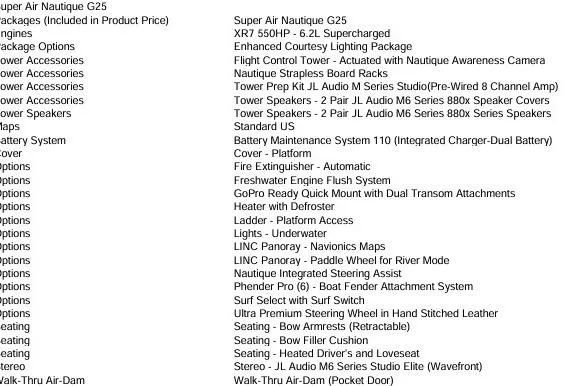 Slide: The Image of 2020 Nautique Super Air Nautique G25 features and specifications list, including audio and safety options. - 14