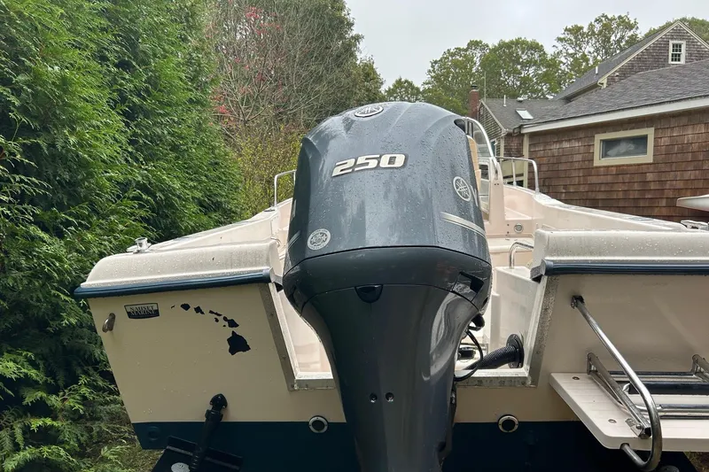 Slide: The Image of 1998 Grady-White Seafarer 226 boat with Yamaha 250 outboard motor, parked near greenery. - 4