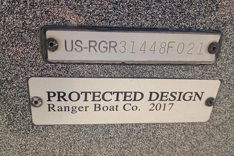 Slide: The Image of 2021 Ranger Z521L boat identification and protected design plates. - 12