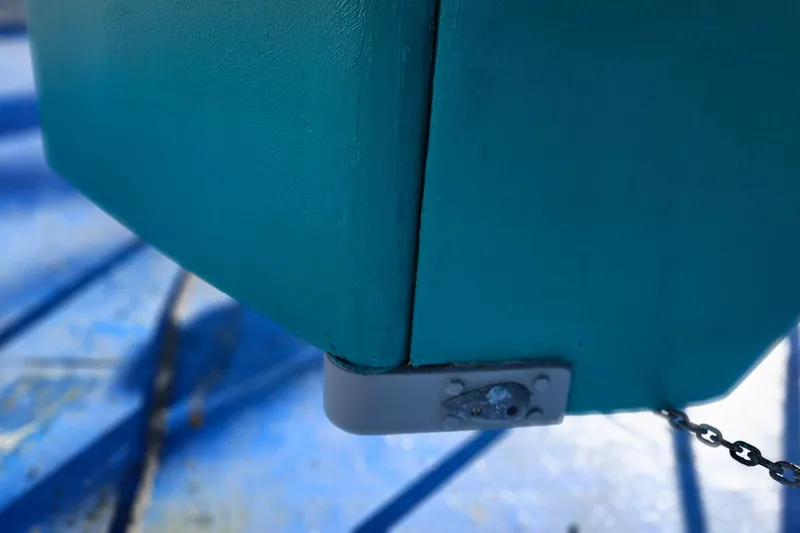 Slide: The Image of Close-up of Pacific Seacraft 37 boat hull detail, 1993 model, with blue paint. - 20