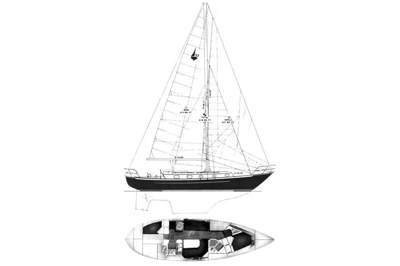 Slide: The Image of Blueprint of 1993 Pacific Seacraft 37 sailboat, showing side view and interior layout. - 22