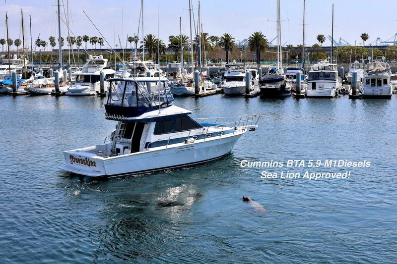 Slide: The Image of 1993 Mediterranean 38 Convertible yacht in marina, featuring Cummins BTA 5.9 M1 Diesels. - 2