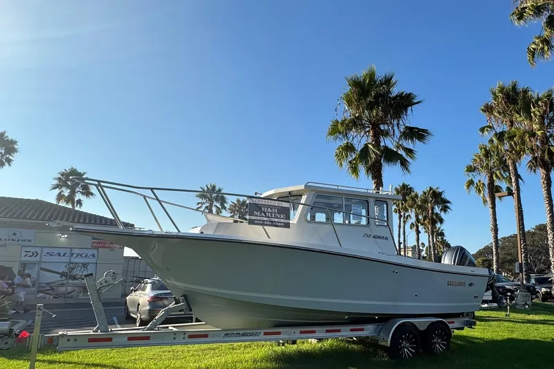 Slide: The Image of 2025 Defiance Admiral 250 EX boat on trailer, surrounded by palm trees. - 7