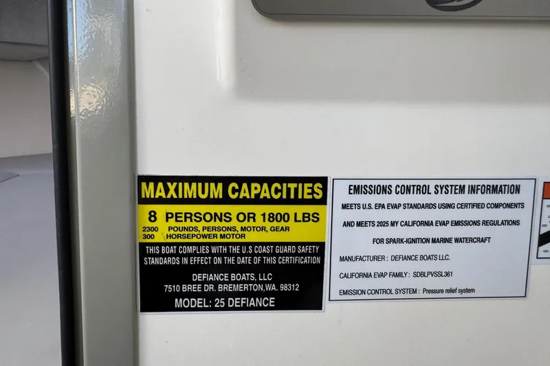 Slide: The Image of Defiance Admiral 250 EX 2025 capacity label: 8 persons, 1800 lbs, 300 HP motor. - 83