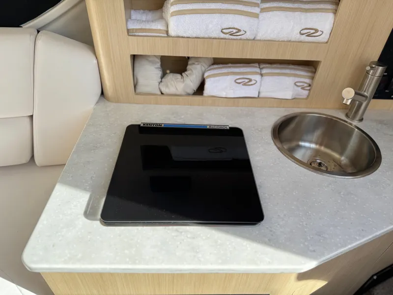 Slide: The Image of 2025 Regal 26 XO yacht interior with sink, stove, and towel storage. - 61