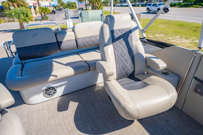 Slide: The Image of 2021 Silver Wave 2410 SW5 JS boat interior with luxurious seating and modern design. - 26