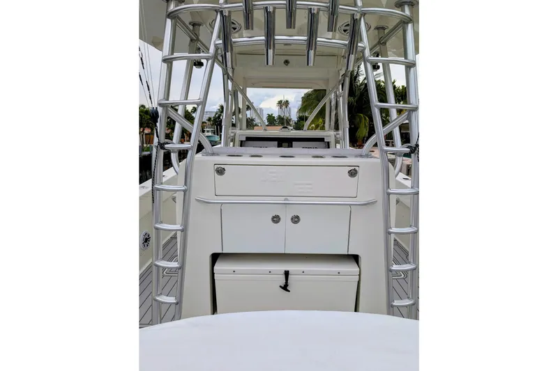Slide: The Image of 2017 SeaVee 390Z boat interior with storage compartments and metal framework. - 7
