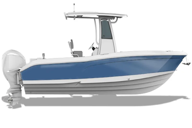 Slide: The Image of 2026 NauticStar 242 Offshore boat, blue hull, side view, with outboard motor. - 13