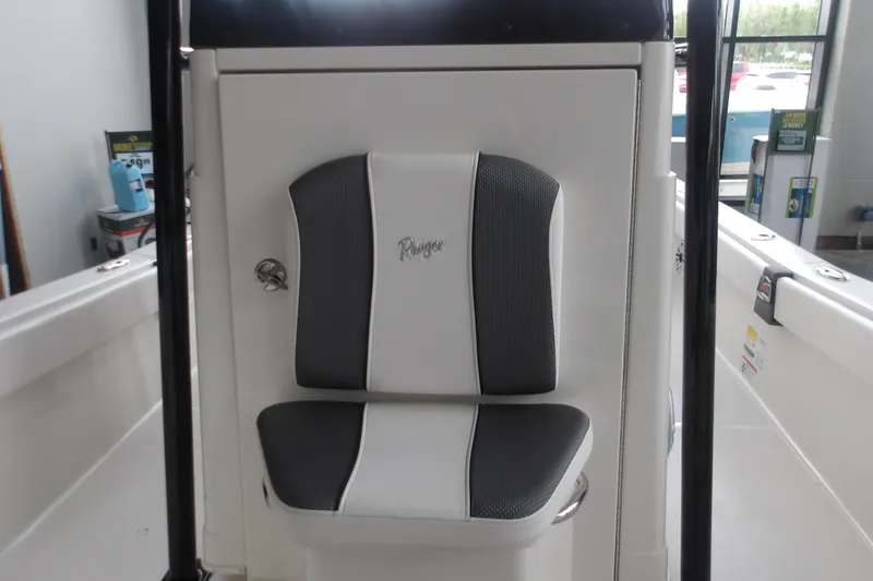 Slide: The Image of 2026 Ranger 2510 Bay boat seat with sleek black and white design. - 19