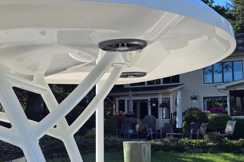 Slide: The Image of 2022 Sea Fox 249 Avenger boat detail with speakers, set against a residential backdrop. - 10