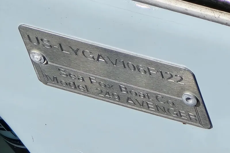 Slide: The Image of 2022 Sea Fox 249 Avenger identification plate on boat hull. - 14