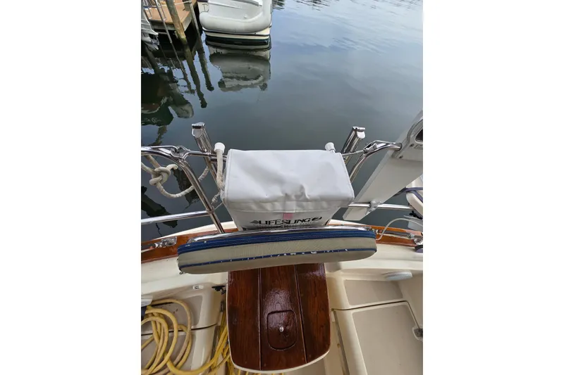 Slide: The Image of View from inside a 2001 Island Packet 420 sailboat, looking out through the canopy. - 20