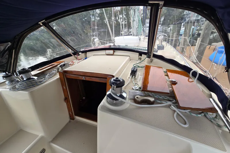 Slide: The Image of Joystick control on a 2001 Island Packet 420 sailboat deck. - 24