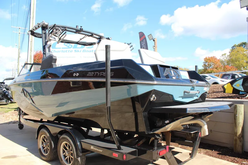 Slide: The Image of 2024 ATX Surf Boats 22 Type-S on trailer, displayed outdoors under blue sky. - 3