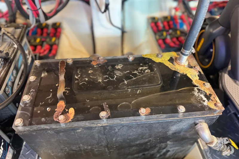 Slide: The Image of Corroded battery in 2023 Formula 400 Super Sport Crossover engine compartment. - 77