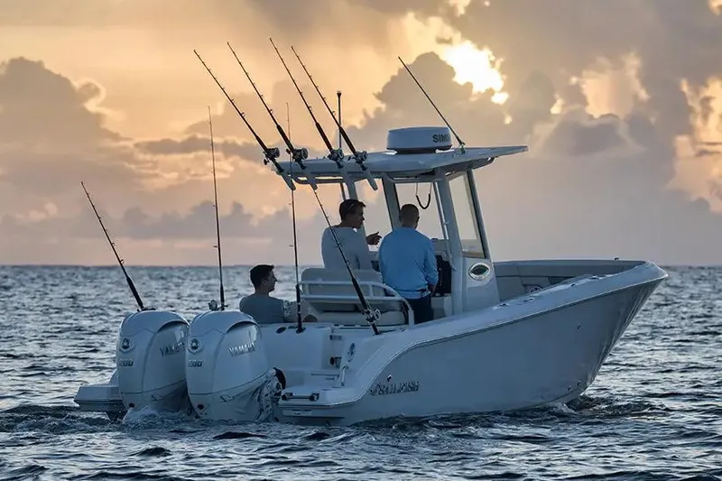 Slide: The Image of Manufacturer Provided Image: 2026 Sailfish 252 CC boat at sunset with fishing rods and passengers. - 3