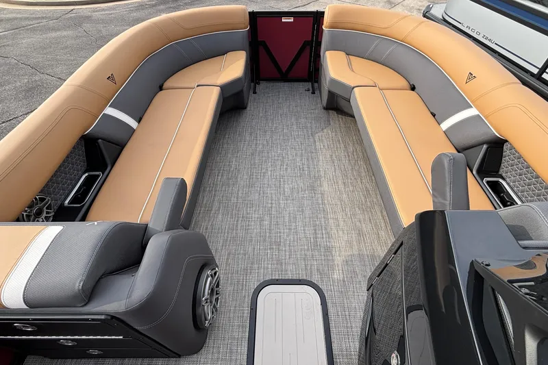 Slide: The Image of Luxurious interior of 2026 Viaggio Z24U boat with tan and gray seating. - 10