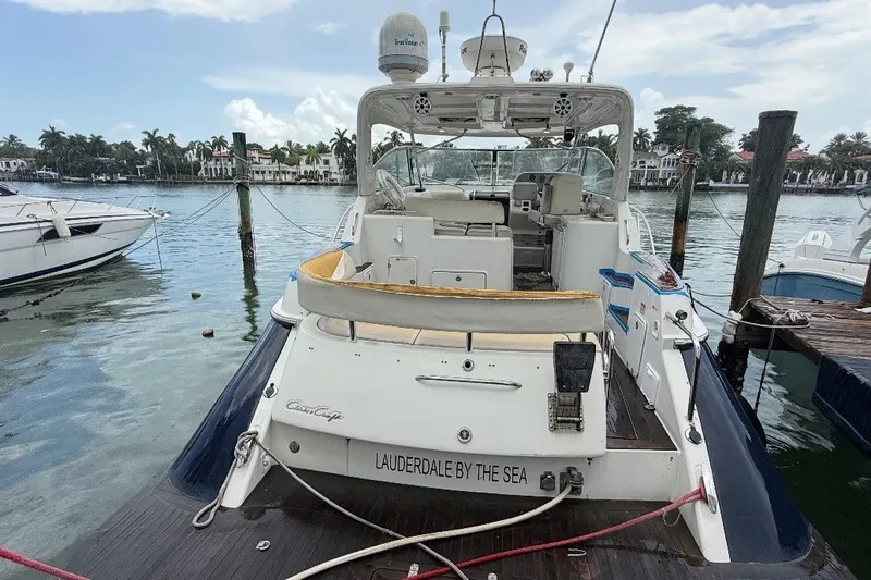 The Image of 2006 Chris-Craft Roamer 40 yacht docked at a marina, rear view. - 0