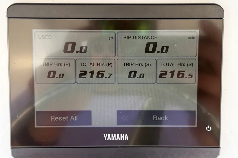 Slide: The Image of Yamaha display showing trip data on 2025 Sea Hunt Gamefish 27 Forward Seating boat. - 24