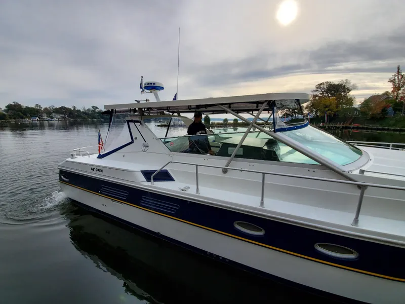 Slide: The Image of Giorgi 46 boat from 1993 cruising on a calm river under a cloudy sky. - 16