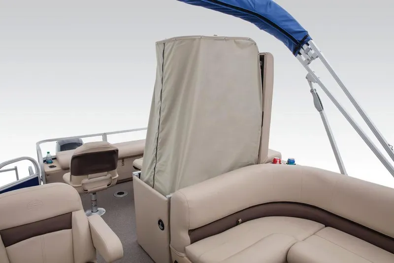 Slide: The Image of 2017 Sun Tracker Fishin' Barge 22 XP3 interior seating with beige upholstery. - 11