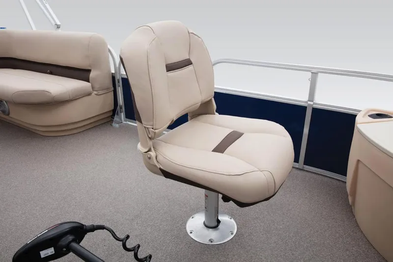 Slide: The Image of 2017 Sun Tracker Fishin' Barge 22 XP3 interior with beige seating and railing. - 12