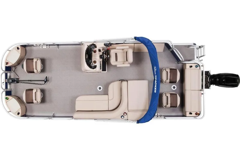 Slide: The Image of 2017 Sun Tracker Fishin' Barge 22 XP3 interior with beige seating and steering console. - 3