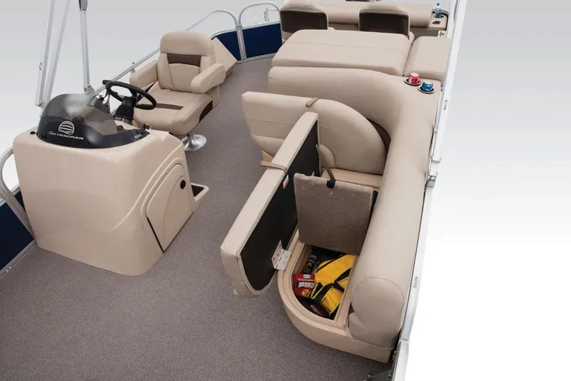 Slide: The Image of 2017 Sun Tracker Fishin' Barge 22 XP3 dashboard with steering wheel and control panel. - 5