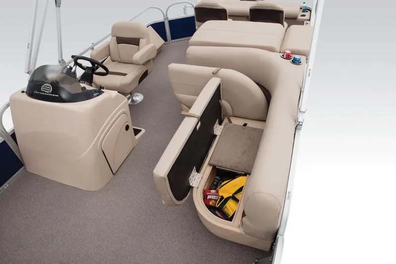 Slide: The Image of 2017 Sun Tracker Fishin' Barge 22 XP3 with beige seating and speaker on deck. - 7