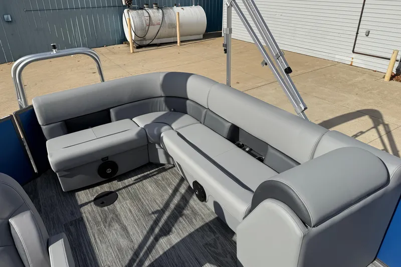 Slide: The Image of 2026 Bentley Pontoons Legacy 223 Cruise XL interior with gray seating and modern design. - 17