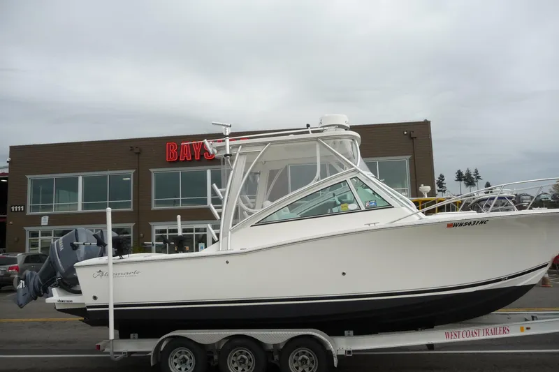 Slide: The Image of 2016 Albemarle 25 Express boat on trailer outside Bays building. - 8