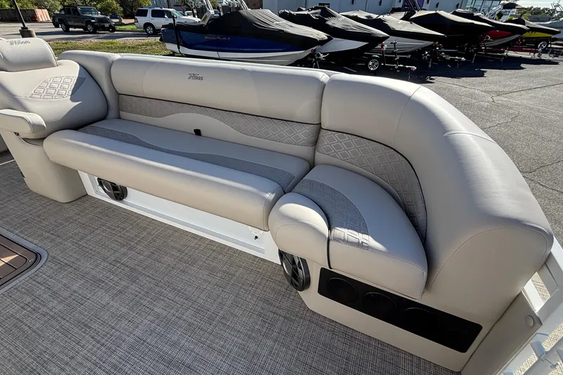 Slide: The Image of Luxurious seating on 2026 JC Neptoon 25TT Sport pontoon boat, featuring elegant upholstery design. - 19