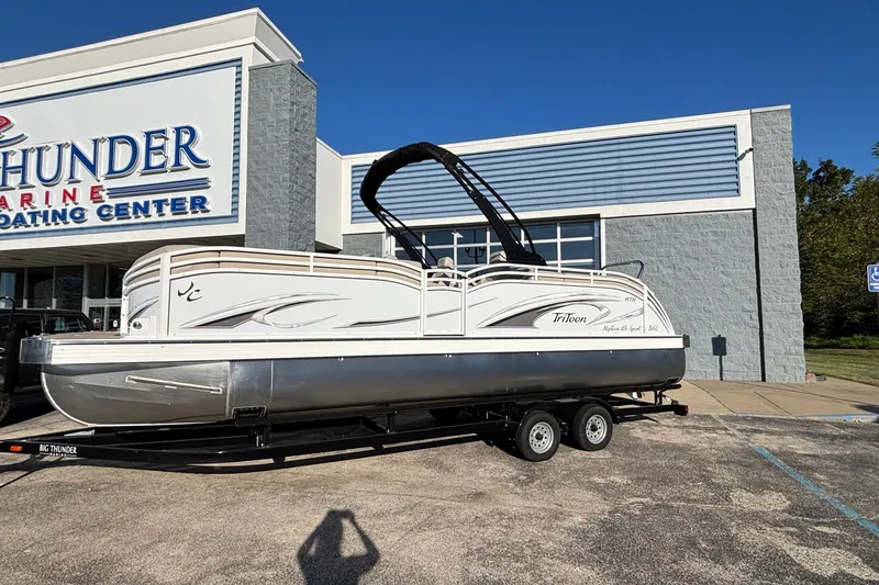 Slide: The Image of 2026 JC Neptoon 25TT Sport pontoon boat on trailer at Thunder Marine Boating Center. - 3