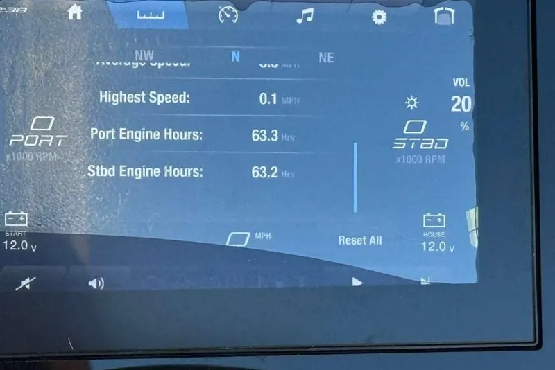 Slide: The Image of Dashboard display of 2023 Yamaha Boats 255 FSH Sport E showing engine hours and speed. - 23