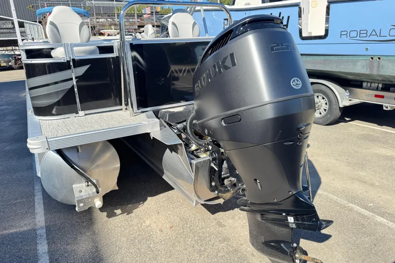 Slide: The Image of 2025 Avalon 2385 Rear Fish pontoon boat with Suzuki 250 outboard motor. - 6
