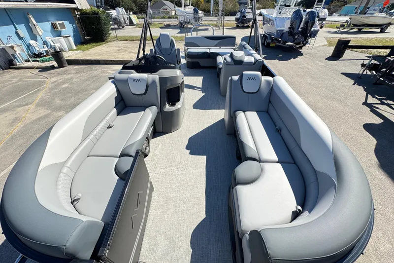 Slide: The Image of 2025 Avalon LSZ 2585 CRB pontoon boat with spacious seating and modern design. - 12