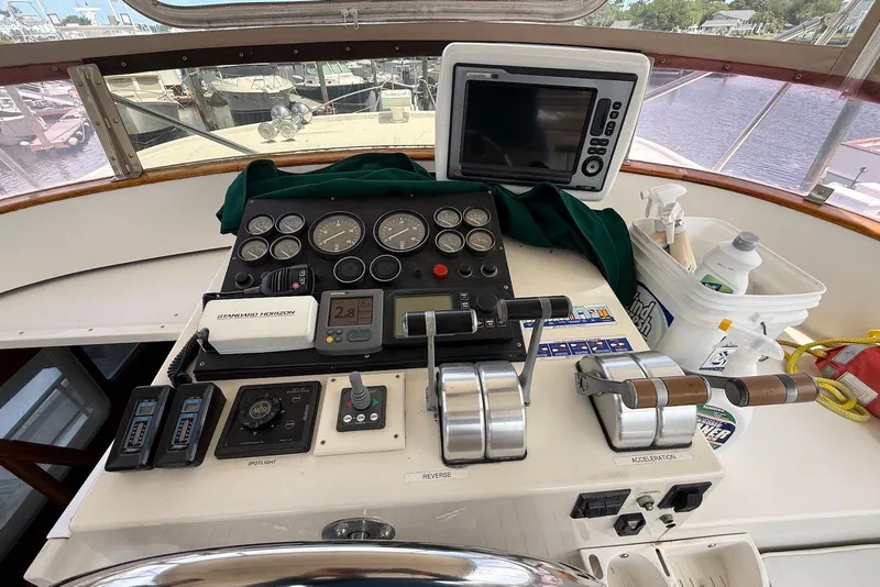 Slide: The Image of Control panel of a 1998 Krogen Express 49 yacht with navigation instruments and throttle levers. - 12