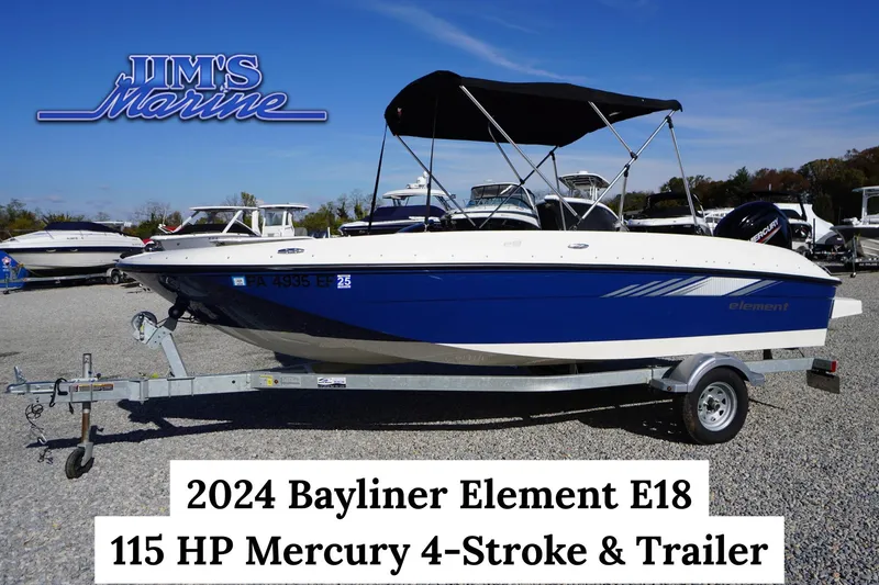 The Image of 2024 Bayliner Element E18 boat with 115 HP Mercury engine on trailer at Jim's Marine. - 0