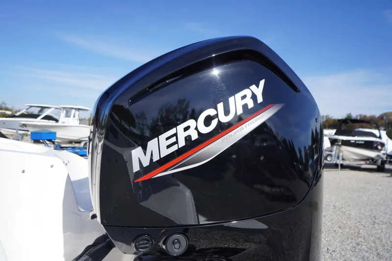 Slide: The Image of Mercury FourStroke engine on 2024 Bayliner Element E18 boat, with other boats in the background. - 24