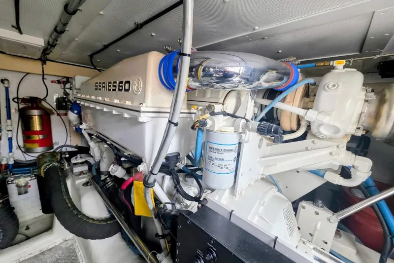 Slide: The Image of Engine room of 2005 Alden 49 Flybridge Express Cruiser with Series 60 Detroit Diesel engine. - 38