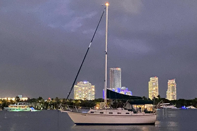 Slide: The Image of Sailboat Island Packet 32, 1990, anchored at night with city skyline in background. - 3